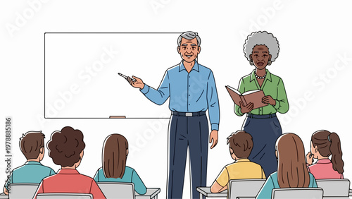 Diverse teachers leading classroom lesson with students attentively listening, vector illustration for educational content. for branding, packaging, banner, poster, website header,