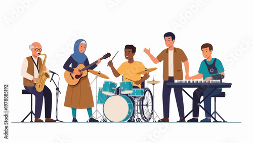 Diverse band performing on stage with musical instruments in vector style illustration. Live music concept with people playing guitar, drums, saxophone, and keyboard.