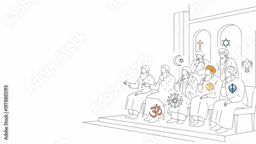Interfaith dialogue vector illustration showing diverse religious figures in discussion, promoting unity and understanding. Religious leaders meeting for interfaith dialogue,