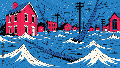 Red houses with broken power lines and fallen tree branches in flooded area vector illustration
