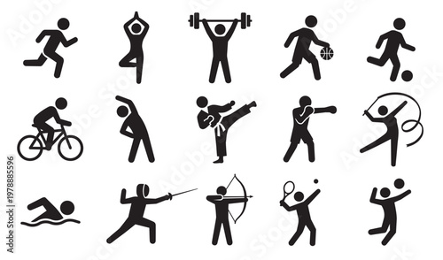 Sports and Fitness Activities Icons Set. Active Lifestyle Stick Figure Symbols