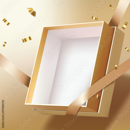 Empty gold gift box mockup with ribbon and confetti on gold background, 3D open surprise box for product display, luxury reward, anniversary celebration and festive promotion illustration.