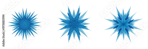 Blue Geometric Starburst Set, Abstract Crystal Snowflake Icons with Sharp Pointed Spikes, Cobalt Blue Radial Symmetry Graphics for Winter Decor and Branding, White Background
