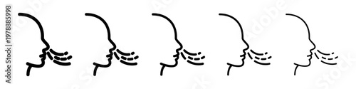Breathing symbol with variable stroke width. Human head inhaling airflow shown in different line thickness styles. Respiratory pictogram for inhale, smell and air concept.