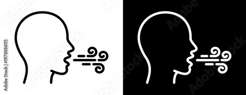 Respiratory outline pictogram with human head and air flow symbol. Breathing concept showing exhaling, inhaling or coughing sign. Health, pollution and medical awareness icon.