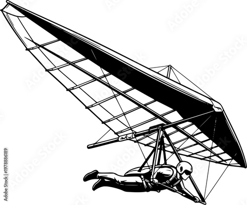 Hang Gliding Illustration in Black and White Style, Extreme Air Sport Flying Activity for Adventure Tourism, Outdoor Recreation and Sports Design