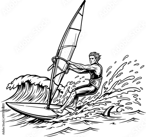 Windsurfing Action Illustration in Black and White Style, Extreme Water Sport with Ocean Waves for Adventure, Summer Activity, Sports Branding and Outdoor Design