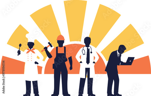 Professional labor force silhouettes, diverse worker occupations with rising sun background, employment vector art