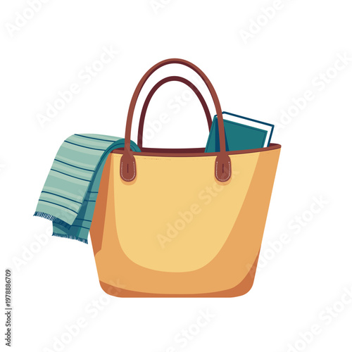 A classic woven straw tote with leather handles stands holding a blue striped towel and a book. This versatile summer accessory sits isolated, with copy space on a transparent background.