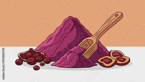 Vibrant acai powder and berries illustration, featuring a wooden scoop amidst a pile of purple powder and whole acai fruits, perfect for health food concepts and smoothie ingredient visuals.