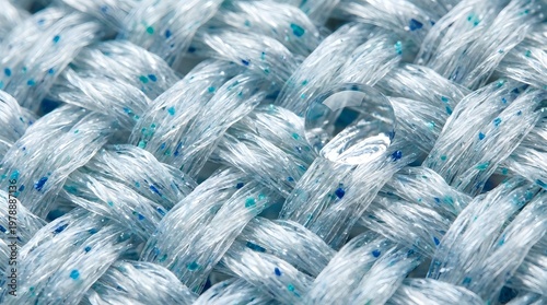 A close-up view of a woven fabric with blue and white threads