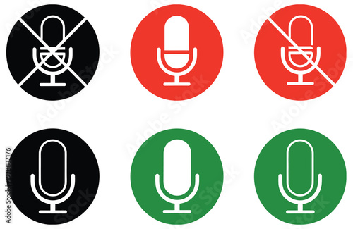 Microphone mute icons set, voice recording buttons collection, mic off symbols, retro vocal speaker controls, classic microphone with volume off, audio interface elements, flat vector