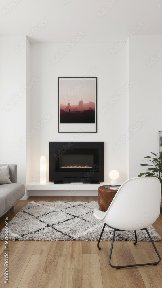 Fototapeta premium A modern living room with a cozy fireplace, minimalist furniture and urban artwork.