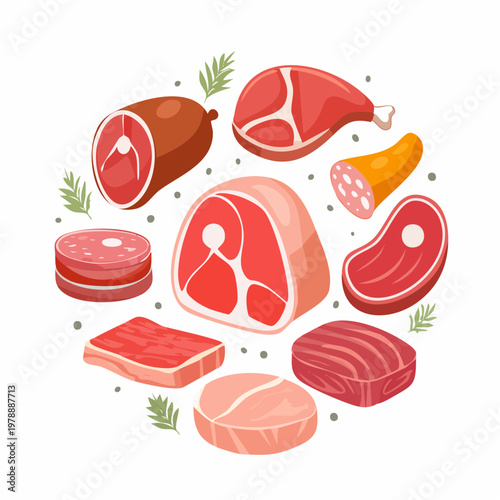 Fleischsorten Set im Flat Design