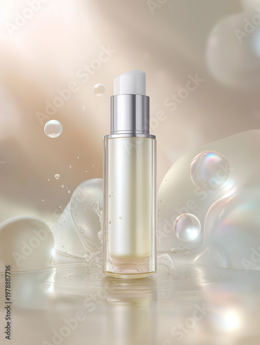 Serum bottle in light background with bubbles and soft reflections  