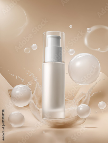 Skincare serum bottle with bubbles on beige background  