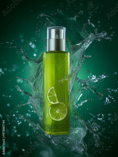 Green cosmetic bottle with lime slices splashing in water  