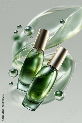 Two green glass perfume bottles surrounded by water droplets  