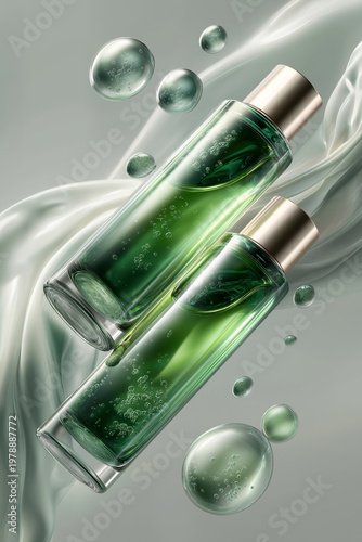 Two green cosmetic bottles with liquid on a flowing background  