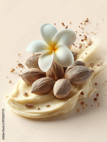 Creamy texture with nuts and a white flower on pastel background  