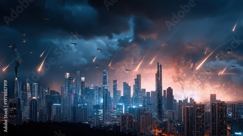 Epic cyberpunk megacity skyline battle at night with drones, AI war machines and neon-lit skyscraper warfare above the clouds.