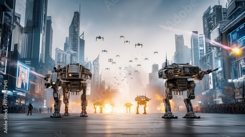 Epic cyberpunk war between human soldiers and AI machines in a ruined neon metropolis under drone swarm and storm-lit battlefield chaos.