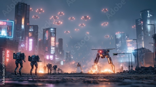 Epic cyberpunk war between human soldiers and AI machines in a ruined neon metropolis under drone swarm and storm-lit battlefield chaos.