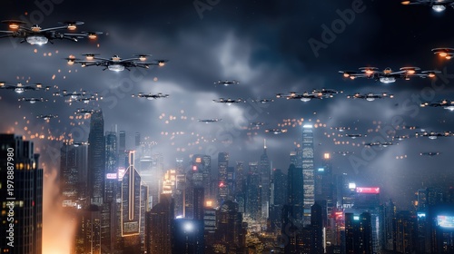 Futuristic aerial battle above a cyberpunk megacity with drone swarms, AI combat units and ground command operations amid neon-lit destruction.