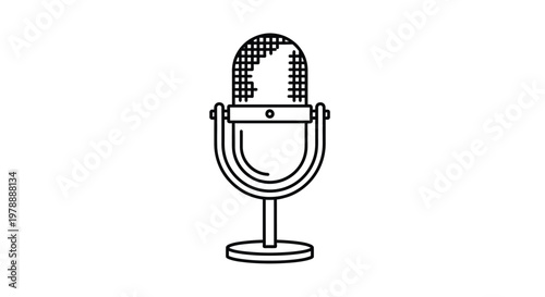 A simple black and white line drawing depicts a classic vintage style studio microphone
