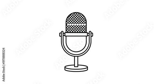 A simple black and white line drawing depicts a vintage style microphone on a white background