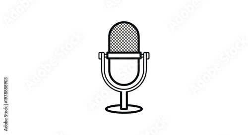 A simple black and white line drawing depicts a vintage style microphone commonly used for broadcasting