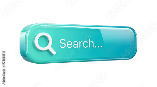A 3d rendered turquoise search button with a white magnifying glass icon inviting user interaction and discovery