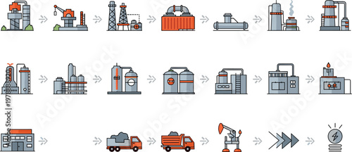 Industrial Manufacturing Process Flow Icons Set Illustrating Stages from Extraction to Energy Production with Equipment and Transportation