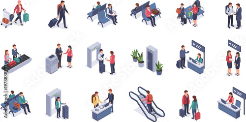 Isometric Airport Travel Icon Set Featuring Passengers at Check-in, Security, Baggage Claim, Escalators, and Other Airport Services for Travel Planning
