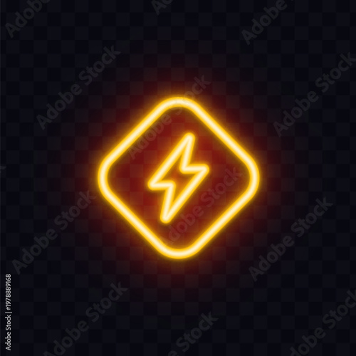 Glowing neon lightning symbol inside a diamond frame. Bright electric energy sign with warm yellow light on dark transparent background. Ideal for power, electricity and technology design.