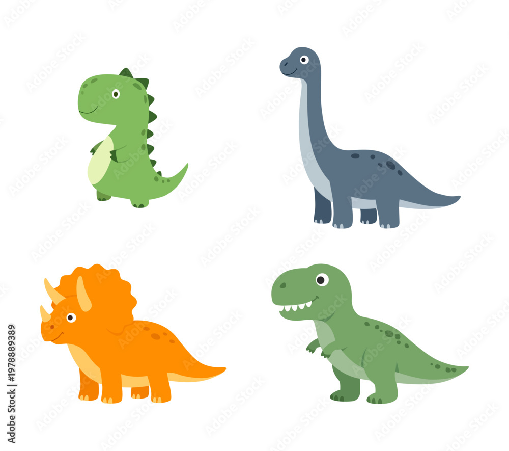 Fototapeta premium Cute cartoon dinosaur set in different poses isolated on white background