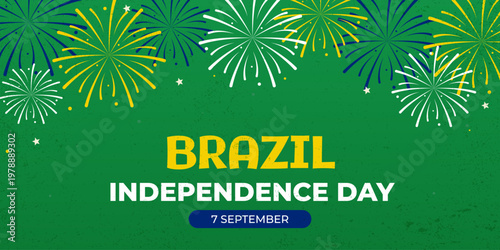 Brazil Independence Day horizontal banner with fireworks, bold typography and patriotic colors. National holiday celebration template in flat style. Vector illustration