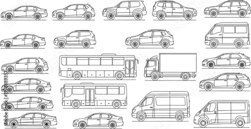 Vehicle and Transportation Icon Set with Cars, Buses, Trucks, Vans, and SUVs for Automotive, Travel, and Urban Transport Systems