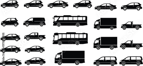 Vehicle Icon Set with Cars, Vans, Trucks, Buses, and Pickup Trucks for Automotive, Transportation, and Fleet Management Designs