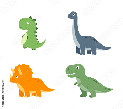 Cute cartoon dinosaur set in different poses isolated on white background