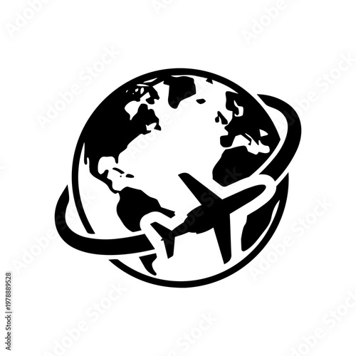 Global travel and tourism icon with airplane flying around the world map silhouette in black and white.