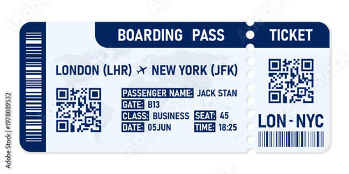 Airline boarding pass ticket for a flight from London to New York, showing passenger details and QR codes on white background.