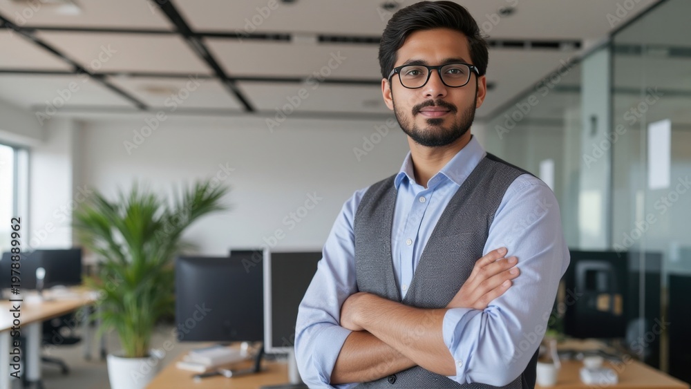 Fototapeta premium Young man in a suit and glasses posing confidently with his arms crossed. Business attire worn in a modern office environment.