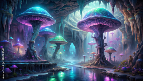 Deep underground cavern with glowing bioluminescent mushrooms
