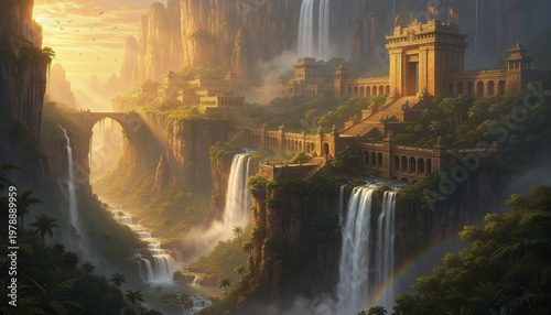 Ancient cliff city with massive waterfalls and lush jungle