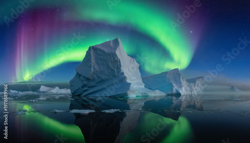 Vibrant aurora borealis over massive floating icebergs at night