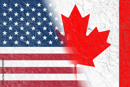 National flags of USA and Canada on textured background, double exposure
