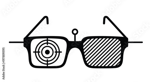 A black outline of eyeglasses with a target replacing one lens symbolizing focus and precision