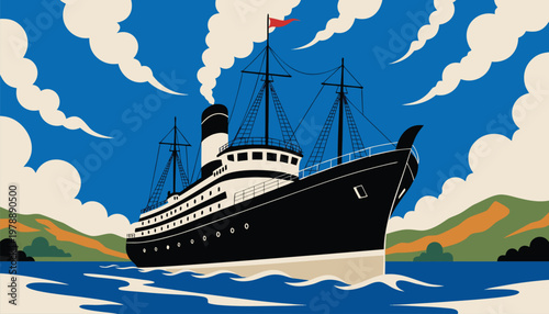 Vintage steamship sailing on calm water with distant hills and cloudy sky vector illustration
