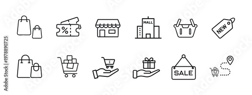 Shopping and retail store line icons set featuring storefront shopping basket sale board and gift box more vector illustration with editable stroke.